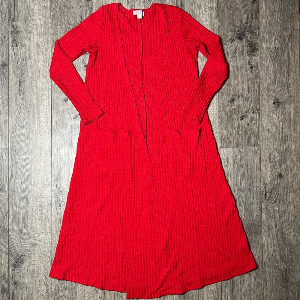 Red LuLaRoe Sarah duster cardigan with pockets